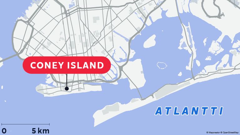 Kartta näyttää Coney Islandin sijainnin Yhdysvaltojen New Yorkin etelärannikolla.