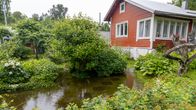 Siirtolapuutarhamökki. Mökin pihassa tulvii rankkasateiden jäljiltä.