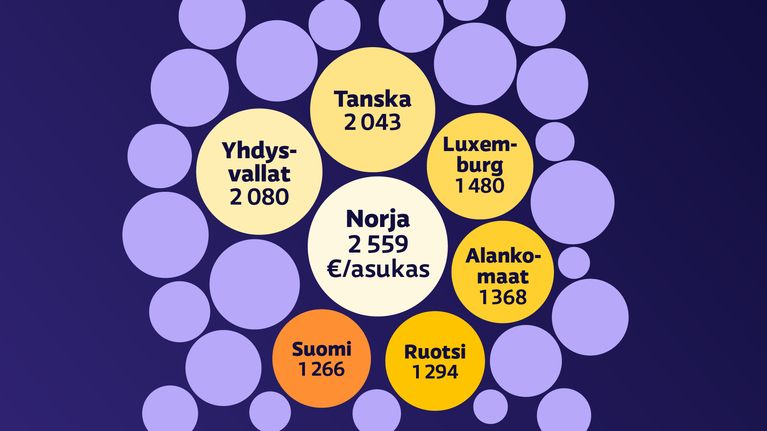 Grafiikka näyttää Nato-maiden suurimmat puolustusmenot vuonna 2025 asukasta kohti: Norja 2768 €, Yhdysvallat 2177, Tanska 2138. Suomi on seitsemäntenä, 1325 €.