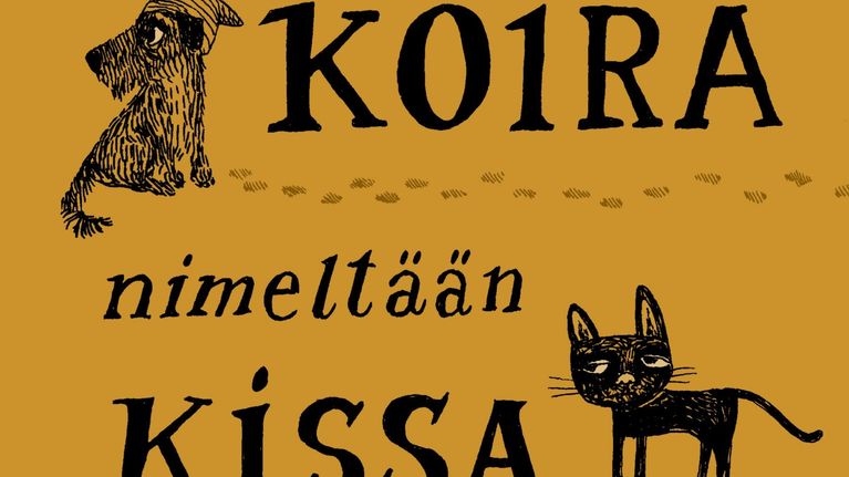 Kirjan kansi, jossa on keltaisella pohjalla koira, kissa ja kengät sekä niiden jäljet.