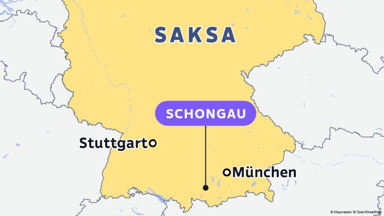 Karttakuva Saksasta, jossa on korostettu kaupungit Berliini, Stuttgart, München ja Schongau.