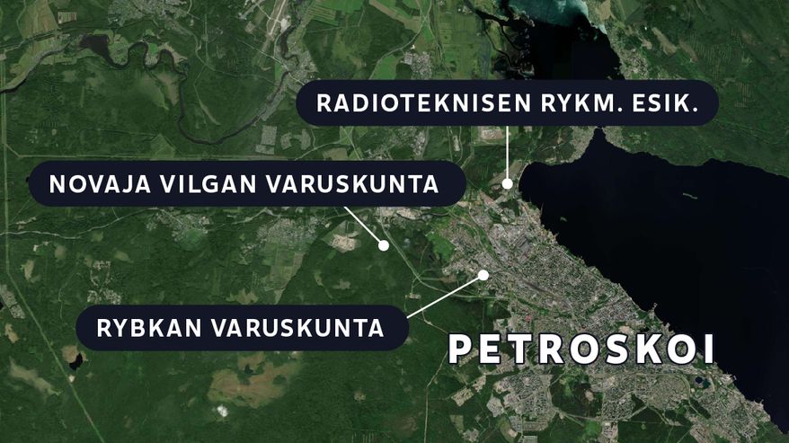 Satelliittikartalla Petroskoi ja viisi kohdetta: lentokenttä, Radioteknisen rykmentin esikunta, Novaja vilgan varuskunta, Rybkan varuskunta ja Rautatiejoukkojen prikaati.
