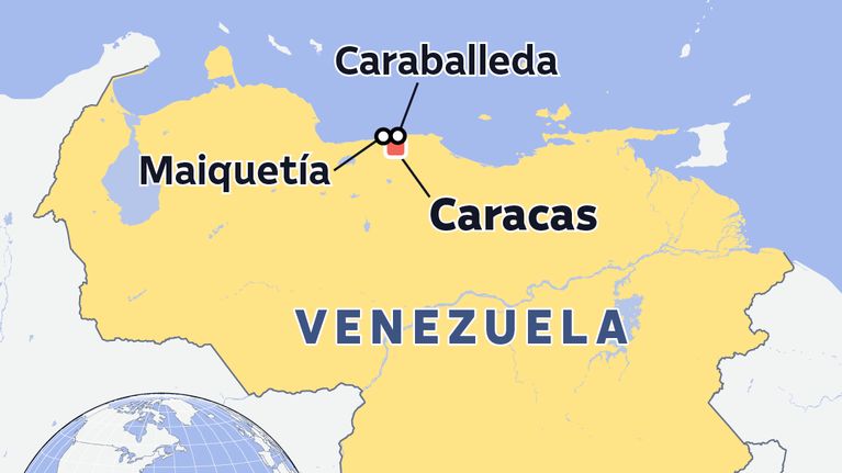 Kartalla Venezuela, sen pääkaupunki Caracas sekä maanjäristystuhoja kärsineet Maiquetian ja Caraballedan kaupungit.