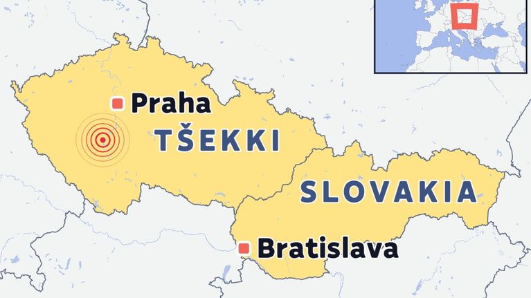 Karttakuva, jossa näkyvät Tšekin ja Slovakian rajat, kaupungit Praha ja Bratislava sekä eurooppalainen sijaintikartta.