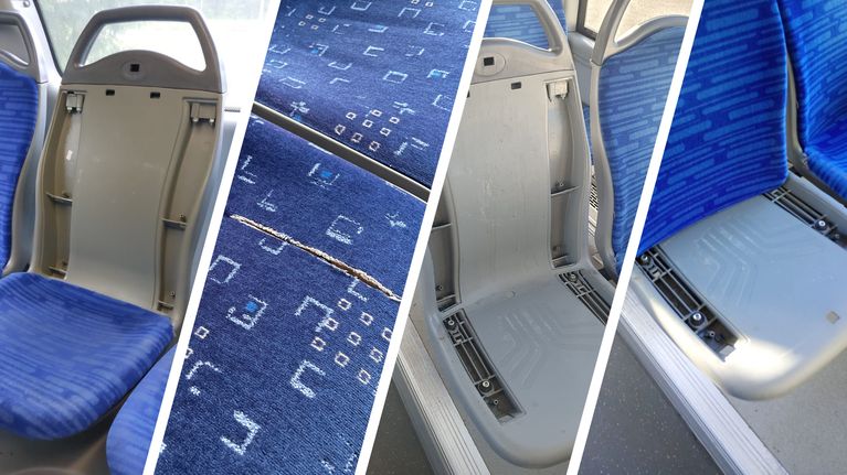 Neljän kuvan sarja bussin istuimista, joissa osassa näkyy kulumaa, vaurioita ja repeämiä verhoilussa.