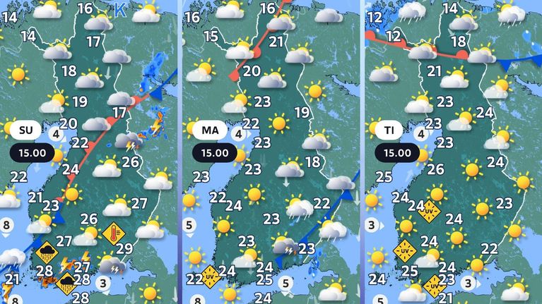 Lähipäivien sääennustekartat.
