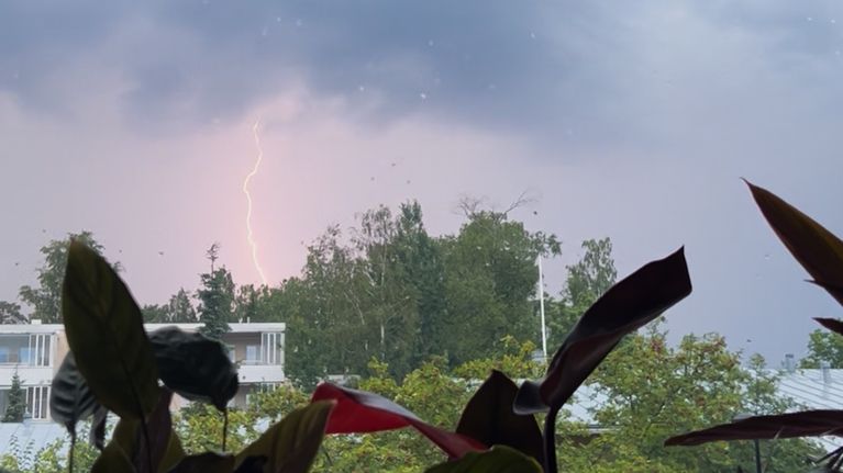 Salaman isku näkyy taivaalla, edustalla viherkasveja ikkunalaudalla.