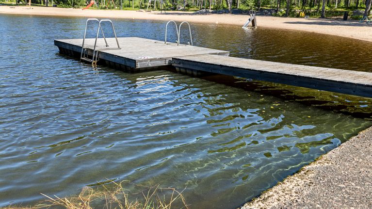 Uimarannan laiturilta johtaa portaat veteen; sinilevää vedessä, taustalla hiekkarantaa, metsää ja leikkivälineitä.