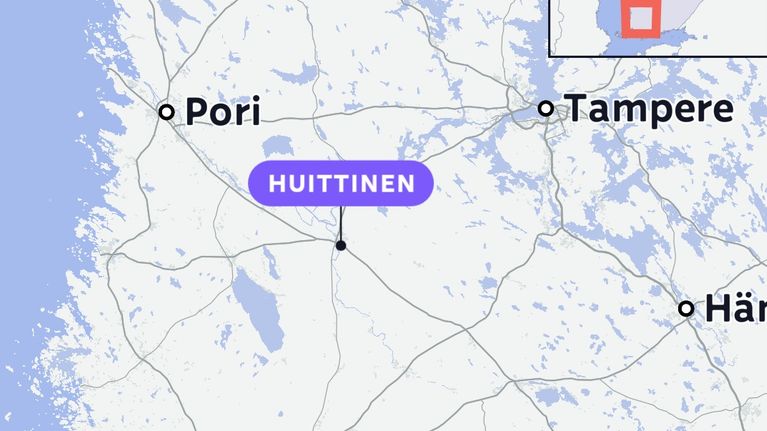 Kartta, jossa Huittinen lilalla pilleri.