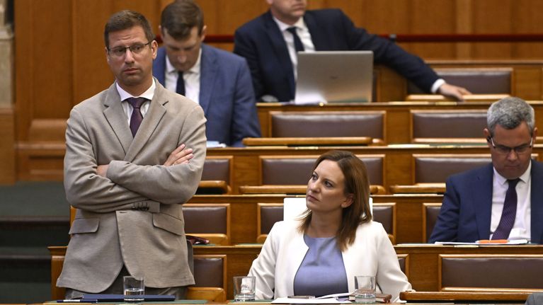 Gergely Gulyás seisoo parlamenttisalissa vaaleanharmaassa takissa ja violetissa kravatissa silmälasit kasvoillaan.