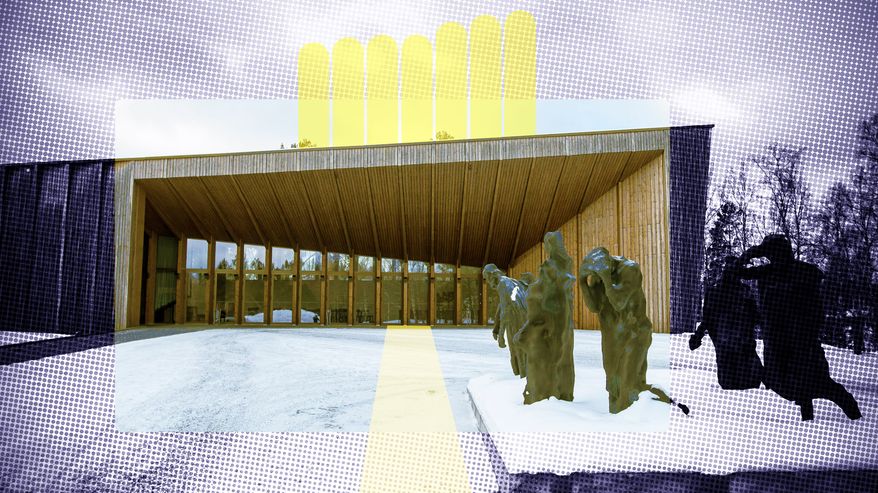 Alkuperäinen kuva on Serlachius-museon julkisivu Mänttä-Vilppulassa talvella 2020. Kuvan päälle on lisätty väriä, tummemmansininen tausta ja keltaiset valopilarit museon katolle.