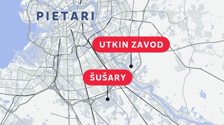 Pietarin kartta, johon merkitty kaksi Ukrainan iskujen kohdetta.