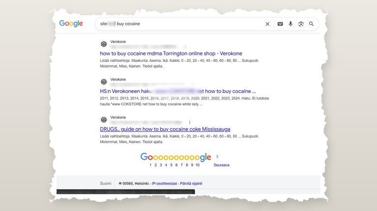 Tietokoneen näytöllä Googlen hakutulokset hakusanalla "buy cocaine", mukana verkkosivujen otsikoita ja kuvaustekstiä.