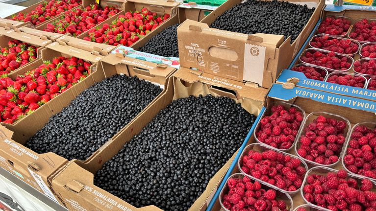 Mansikoita, mustikoita ja vadelmia näkyy myyntilaatikoissa Turun kauppatorilla.