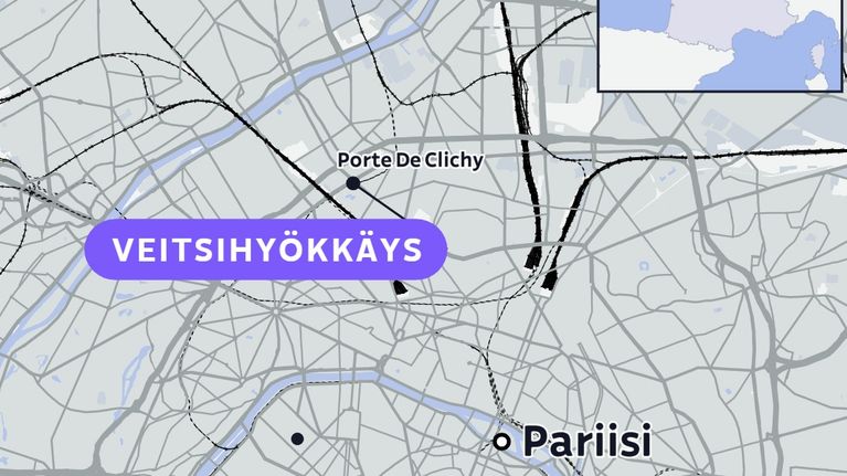 Karttakuva Pariisin alueesta, jossa korostettu Place de Clichy sekä teksti "VEITSIHYÖKKÄYS".