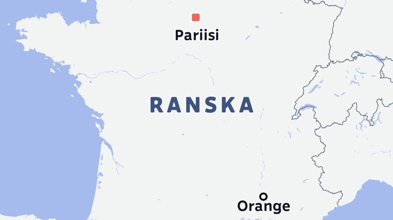 Kartta, jossa esitetään Ranska ja siihen merkityt kaupungit Pariisi ja Orange.