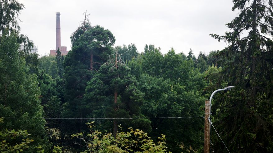 Katuvalo metsäisessä maisemassa, taustalla näkyy punatiilinen savupiippu.