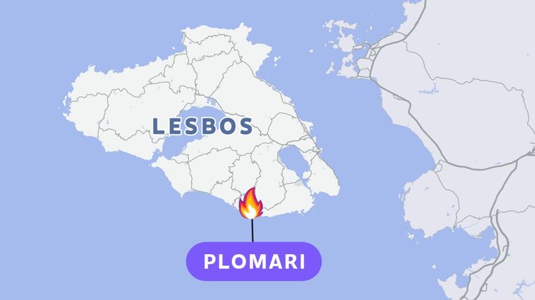 Kartta, jossa Lesboksen saari, Plomarin alue merkattu pillerillä, jonka kohdalla liekki. Oikealla puolella Turkki.