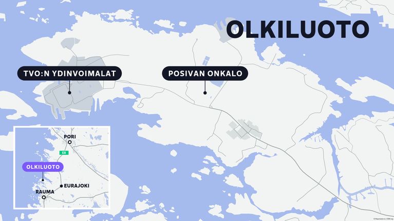 Kartta Olkiluodon, TVO:n ydinvoimaloiden sekä Posivan Onkalon sijainnista.