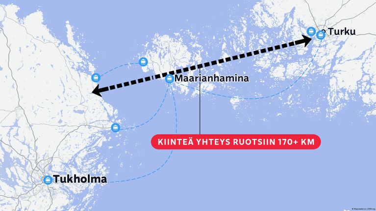 Karttagrafiikka, johon on piirretty kiinteä yhteys Turusta Ruotsiin.