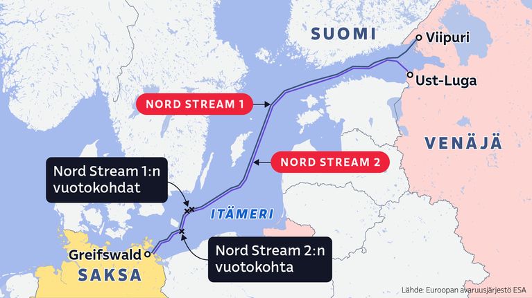 Kartta esittää Nord Stream 1 ja Nord Stream 2 -kaasuputkien reitit Itämeren halki Saksasta Venäjälle. Kartalla on merkitty myös kaasuputkien vuotokohdat.