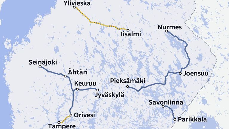 Kuvassa näkyy Suomessa jäljellä olevat kiskobussien reitit.