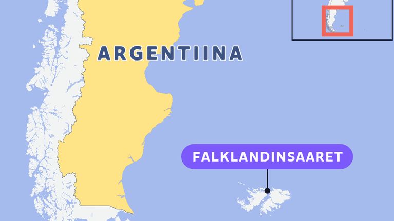 Kartta, johon merkitty Falklandinsaaret.