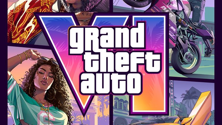 Violetinsävyinen kansi, jossa videopelien hahmoja kollaasissa sekä GTA-pelin logo kirjaimin.