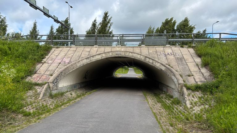 Asfaltoitu kävely- ja pyörätie johtaa alikulkuun, joita ympäröi vihreä nurmikko ja puita.