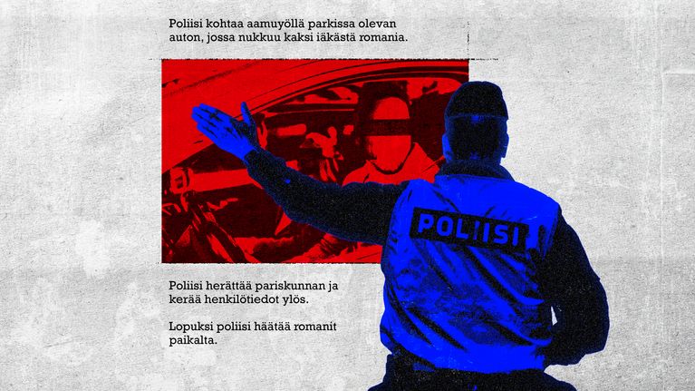 Kuvituskuva, jossa näkyy etualalla poliisi, joka viittoo autossa oleville henkilöille siirtymismerkkiä.