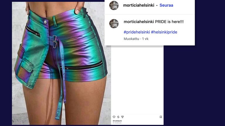 Metallinhohtoisten shortsien kuvat Morticia-liikkeen Instagram-postauksessa ja Sheinin verkkosivuilla.