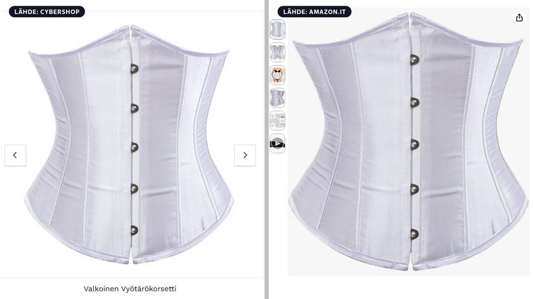 Valkoisen vyötärökorsetin kuvat edestä Cybershop-liikkeen ja Italian Amazonin verkkosivuilla.