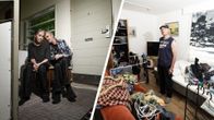Kuvakombossa kuva pariskunnasta istumassa asuntonsa edustalla ja miehestä seisomassa asunnossaan jossa on paljon tavaraa.