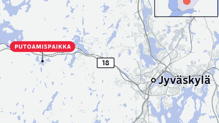 Karttakuva Keski-Suomesta, jossa merkitty "PUTOAMISPAIKKA" maantien 18 varrella Jyväskylän länsipuolella. Nurkassa sijaintia osoittava pieni kartta.