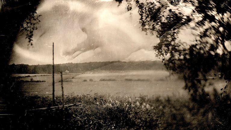 Musta-valkoinen maisemakuva, jossa etualalla on puita ja pensaita, taustalla peltoa ja metsää. Kuvassa ei ole tekstiä.