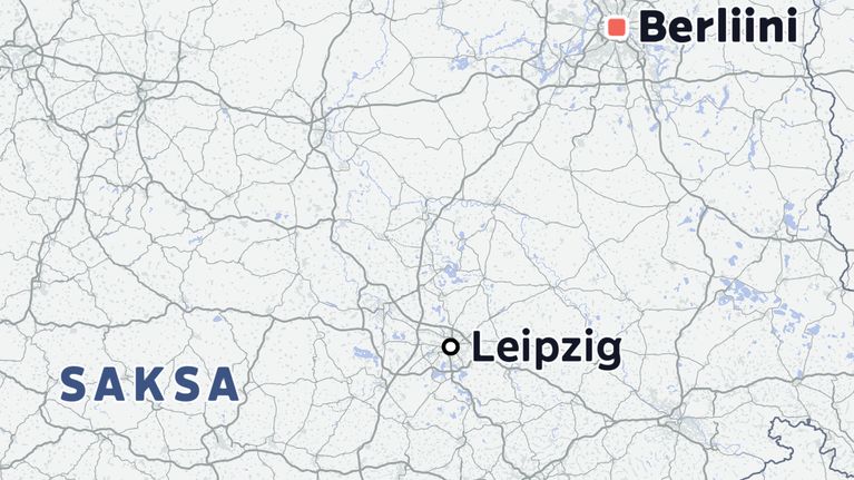 Kartta, jossa näkyvät Saksa, Leipzigin ja Berliinin sijainnit sekä SAKSA-teksti. Yläkulmassa Euroopan kartta.
