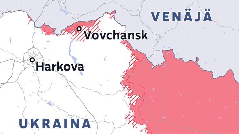 Kartta Koillis-Ukrainan rintamatilanteesta 4.8.2026.