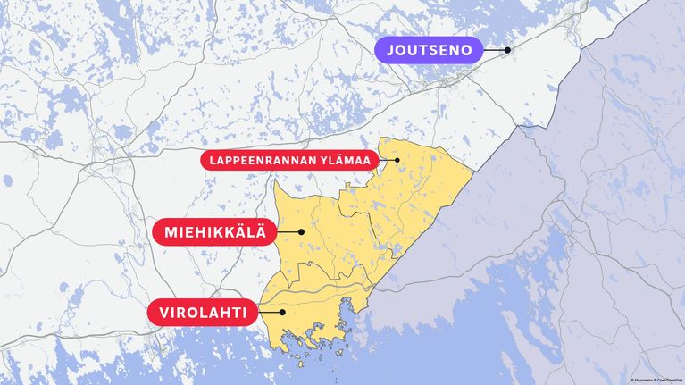 Kartta Kaakkois-Suomesta, jossa on korostettuna Lappeenrannan Ylämaa, Miehikkälä ja Virolahti. Merkittynä on myös Joutseno.
