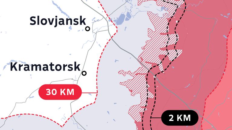 Kartta tappovyöhykkeestä Ukrainan rintamalla Kramatorskin ja Slovjanskin kohdalla 4.8.2026.