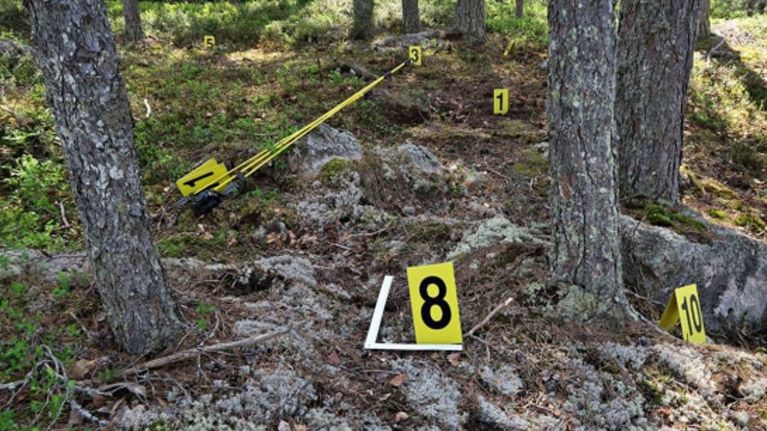 Kuvassa metsää ja poliisin asettamia numerolappuja, jotka kertovat, mitä ruumiin jäänteiden löytöpalkalta löytyi mistäkin.