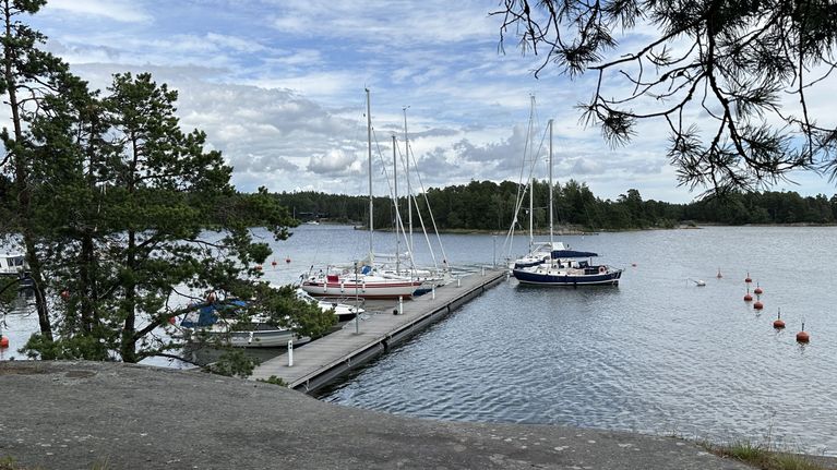 Lähteelän ulkoilualueen purjevenelaituri. Etualalla kallioita ja männyn oksia.