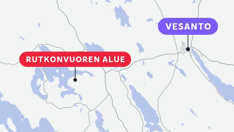 Karttakuva, jossa on merkitty punaisella Rutkonvuoren alue ja sinisellä Vesanto.