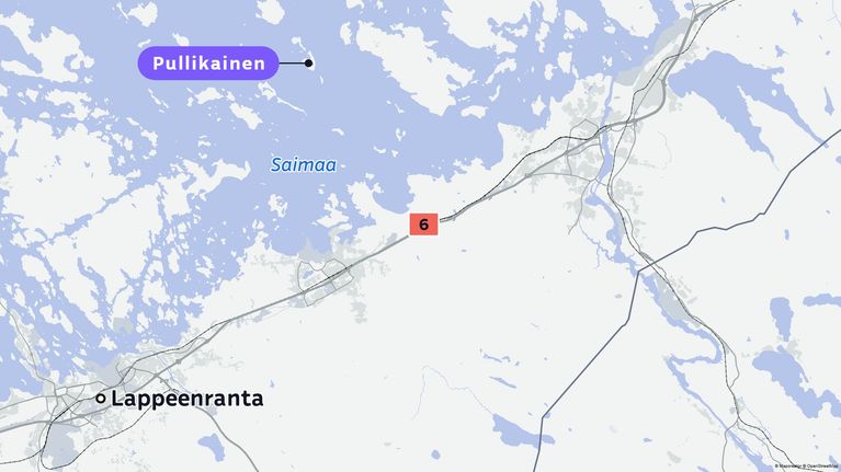 Kartta, johon on merkitty Lappeenranta, Saimaa ja Pullikainen-niminen saari.