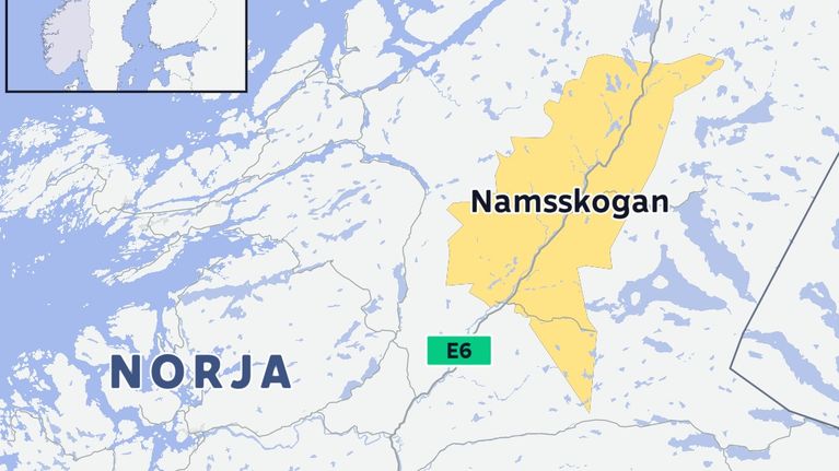 Karttakuva, jossa korostettuna Namsskoganin alue Norjassa.