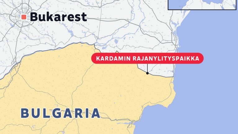 Karttakuva, jossa on esitetty Romanian ja Bulgarian raja sekä Kardamin rajanylityspaikan sijainti ja Bukarestin kaupunki.