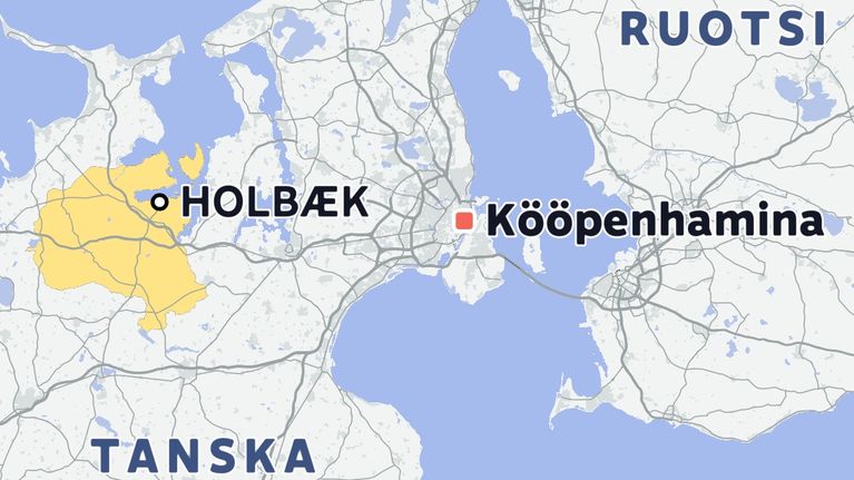 Karttakuva, jossa näkyvät Holbæk ja Kööpenhamina Tanskassa, Ruotsin ja Tanskan nimet, sekä Holbækin alue korostettuna keltaisella.