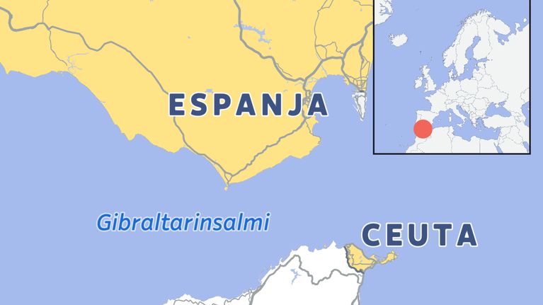 Kartta Ceutan sijainnista Gibraltarinsalmessa.
