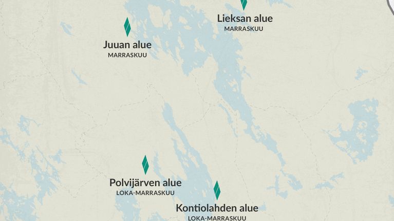 Pohjois-Karjalan alueen kartta, johon on merkitty sähköyhtiön työkohteita loppuvuonna 2026.