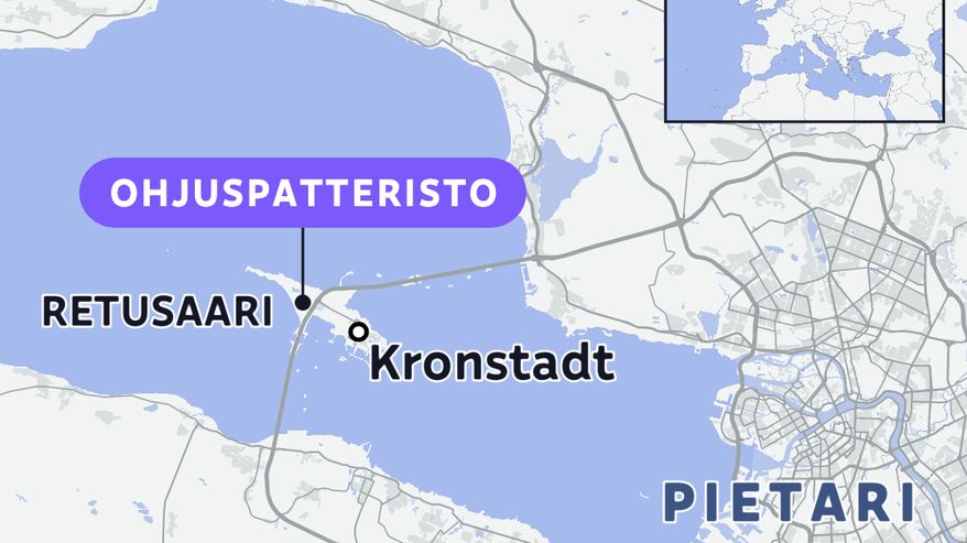 Kartta ohjuspatterin sijainnista Retusaaressa, Kronstadtin länsipuolella.