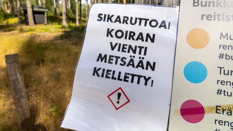 Sikarutosta varoittava ja koirien metsään menoon kieltävä kyltti.